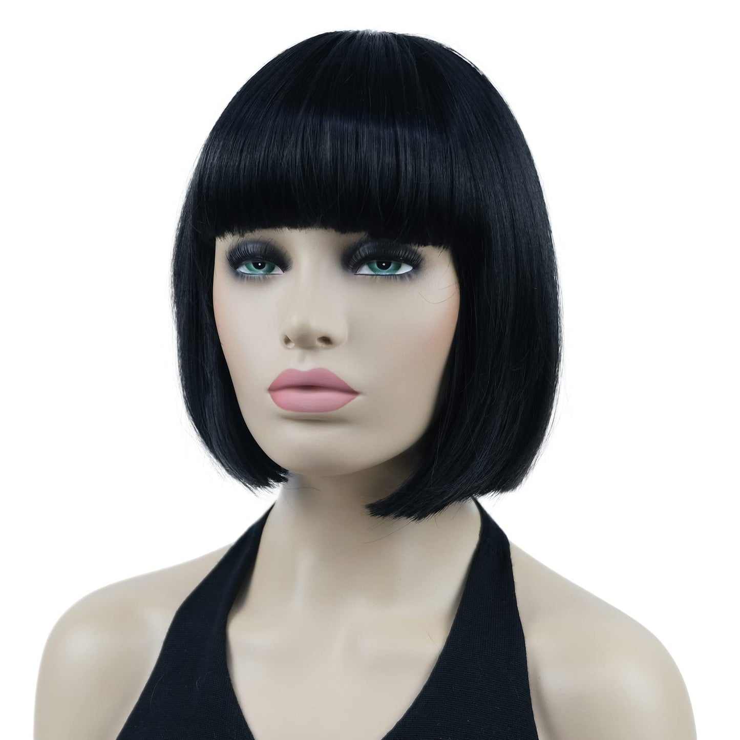 Lydell 8" Straight Short Bob Hair Flat Bangs Cute Central Dot Skin Top Heat Resistant Synthetic Wigs (Black)