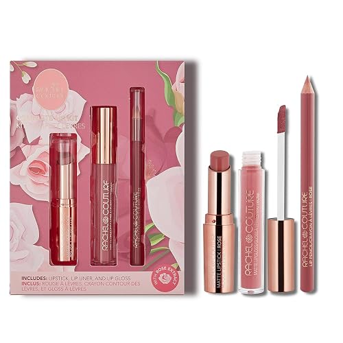 Rachel Couture Complete Lip Kit | Includes Lipstick, Lip Liner & Lip Gloss | Vegan & Cruelty Free | Infused with Rose Extract - Rose