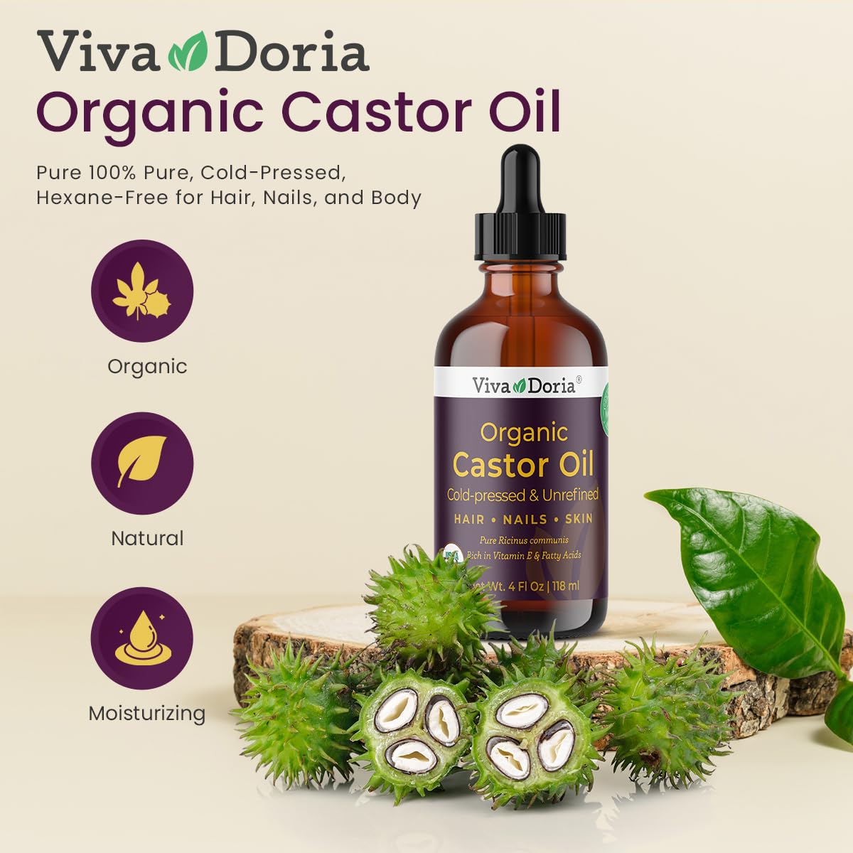Viva Doria Organic Castor Oil, 4 Fl Oz | Virgin, Cold Pressed, Hexane-Free, Vegan | Nourishing Hair & Skin Care | Eyelash & Brow Serum | Glass Bottle