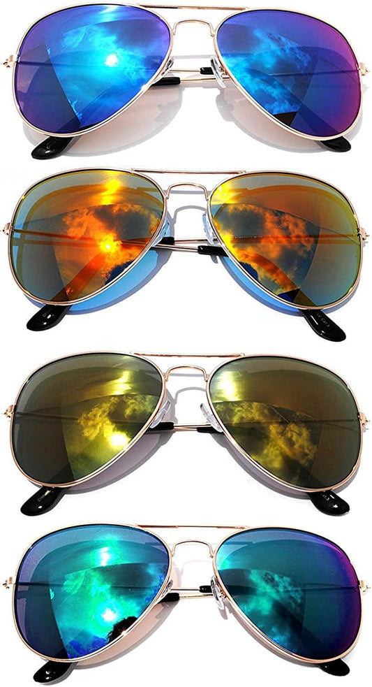 OWL Aviator Sunglasses Vintage Gold Metal Frame Assorted Mirror Lenses (4 PACK)