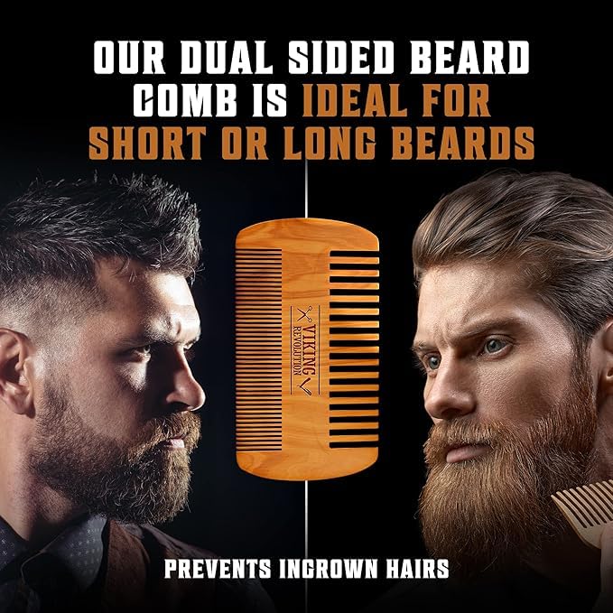 Viking Revolution Beard Comb & Beard Brush Set for Men -- Natural Boar Bristle Brush and Dual Action Pear Wood Comb w/Velvet Travel Pouch - Great