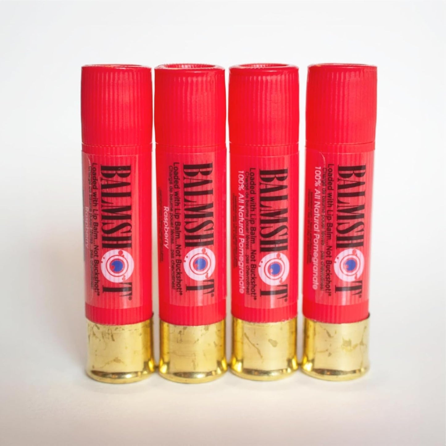 BALMSHOT Lip Balm 4-Pack - Fruit Combo Variety Pack - (2) Pomegranate & (2) Raspberry - SPF 15 Beeswax Formula - 20-Gauge Brass Shotgun Shell Tube
