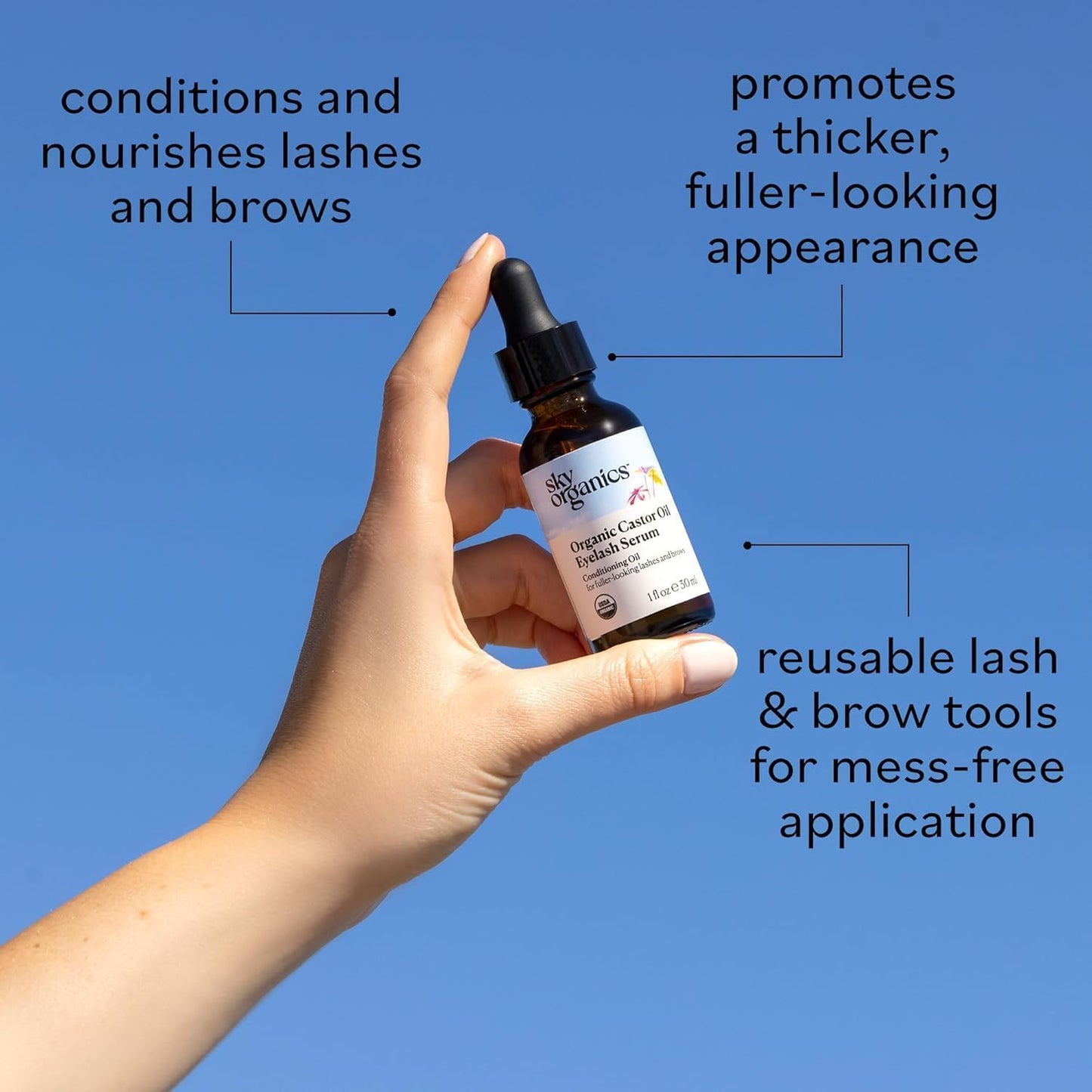 Sky Organics - USDA Organic Castor Oil Eyelash Serum (1 fl oz/30 mL) Brown Glass Bottle for UV Protection - Fuller-Looking Eyebrow & Lash Serum