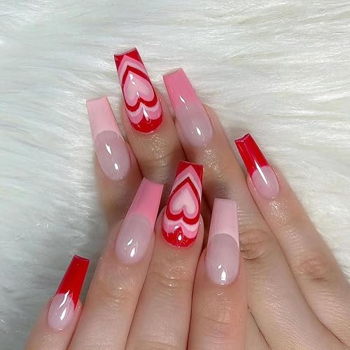 BABALAL Valentines Press on Nails - Medium Coffin Fake Nails, Pink Heart French Acrylic, 24pcs Swirl False Nails Glossy Design