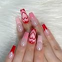 BABALAL Valentines Press on Nails - Medium Coffin Fake Nails, Pink Heart French Acrylic, 24pcs Swirl False Nails Glossy Design