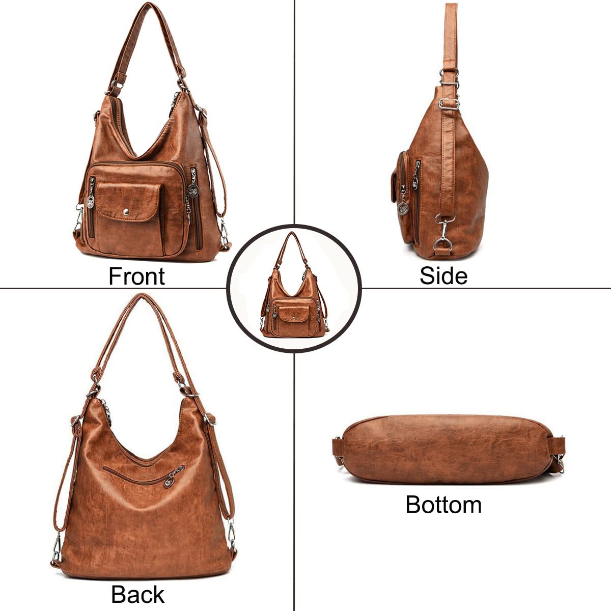YOUNXSL Convertible Backpack Purse for Women PU Leahter Handbag Fashion Hobo Multiple Pockets Tote Satchel Shoulder Bag Black