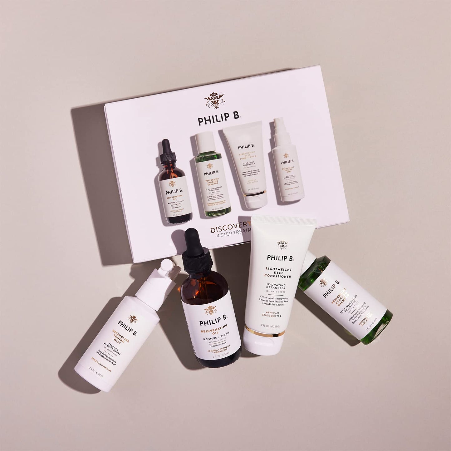 Philip B. 4 Step Discovery Kit - Includes Peppermint Avocado Shampoo, Rejuvenating Oil, Detangling Toning Mist & Lightweight Deep Conditioner, 2 fl oz