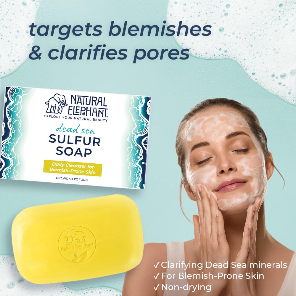 Natural Elephant Dead Sea Sulfur Soap 4.4 oz with Dead Sea Salt, Aloe Vera, Sulphur Face and Body Bar for All Skin Types (5 Pack (22 oz Total))