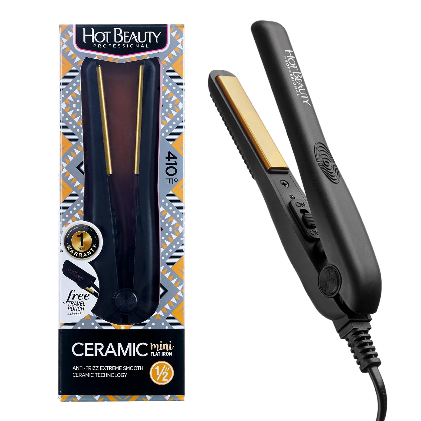 Hot Beauty Professional Ceramic Mini Flat Iron 1/2", Anti-Frizz, Fast Heating, Versatile Styling for Curly & Straight Hair, Ideal for Traveling