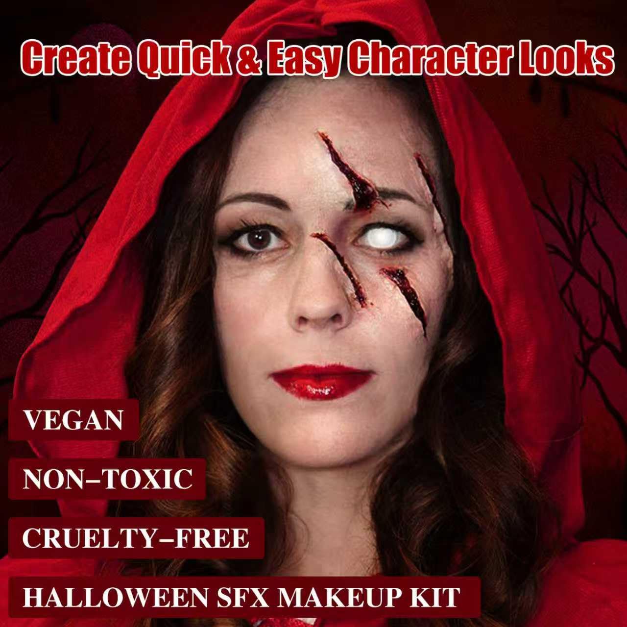 Special Effects SFX Halloween Makeup Kit, Professional Horror SFX Makeup Set with Scar Wax+Bruise Palette+Fake Blood Spray+Realistic Blood Gel