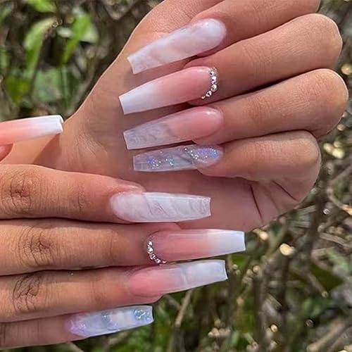 Foccna Gradient Pink Press on Nails Coffin Long Fake Nails Bling False Nails Rhinestone Design White Nails Full Cover False Nail Tips 24 pcs
