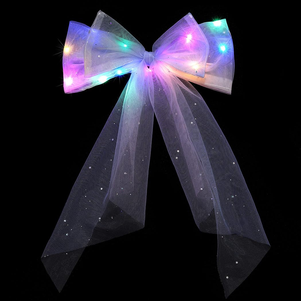 JEAIRTS Light Up Hair Bow Glowing Led Rainbow Tulle Bows for Women