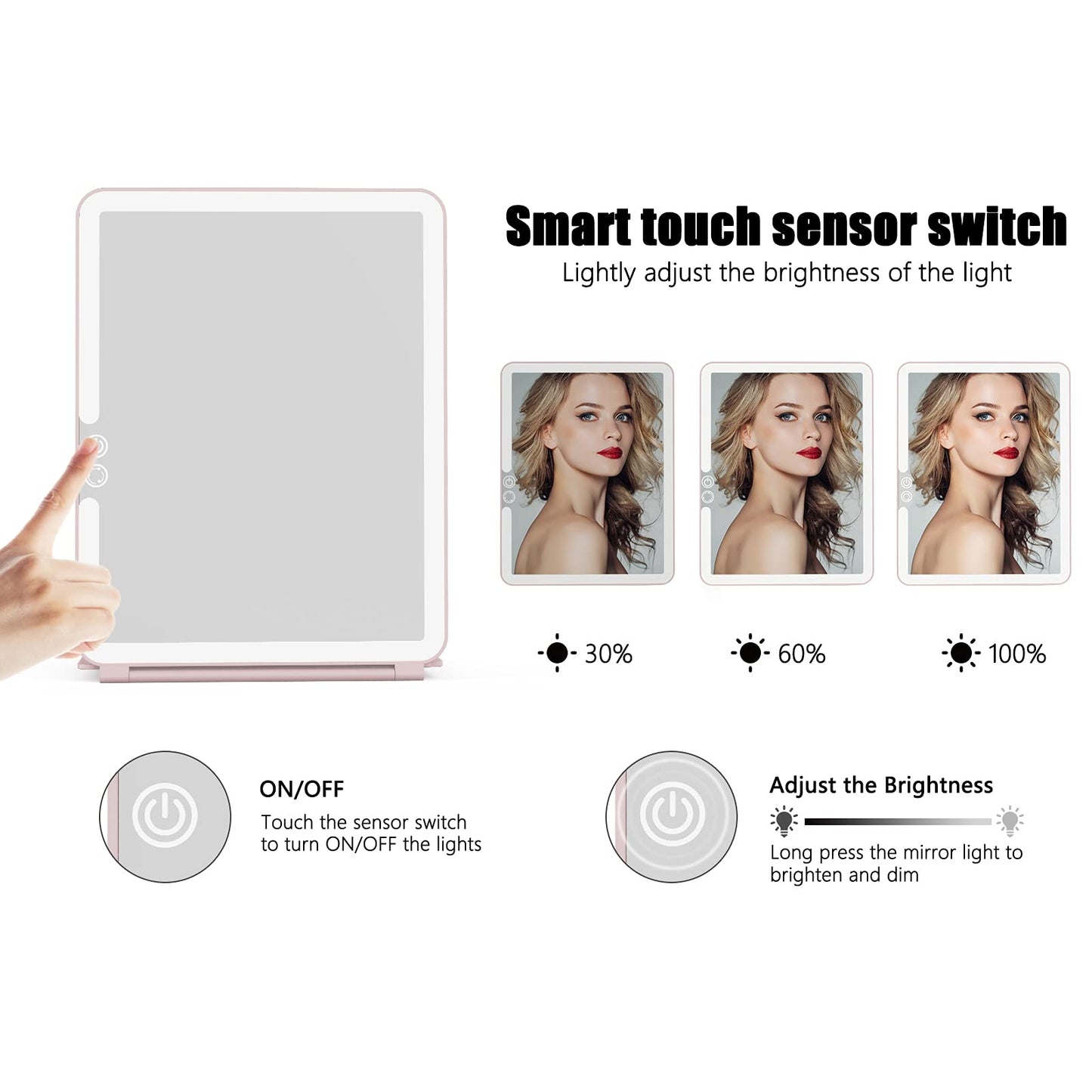 WEILY Makeup Mirror with Lights, 2000 mAh USB Rechargeable Lighted Makeup Mirror, Touch Screen 3 Colors Adjustable 72 LED Lights Compact Travel