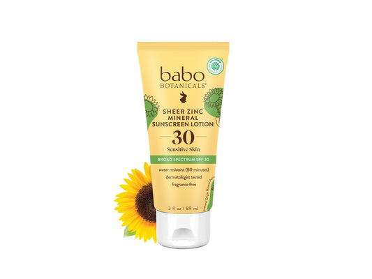 Babo Botanicals Zinc Sunscreen Lotion SPF 30 with 100% Mineral Actives, Non-Greasy, Water-Resistant, Fragrance-Free, Vegan, For Babies, Kids or