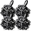 Yoget Bath Loofah Sponge, 4 Pack Black 60G Shower Mesh Ball Soft Pouf Body Scrubber, Exfoliate, Cleanse, Soothe Skin, Black Loofah with White Trim