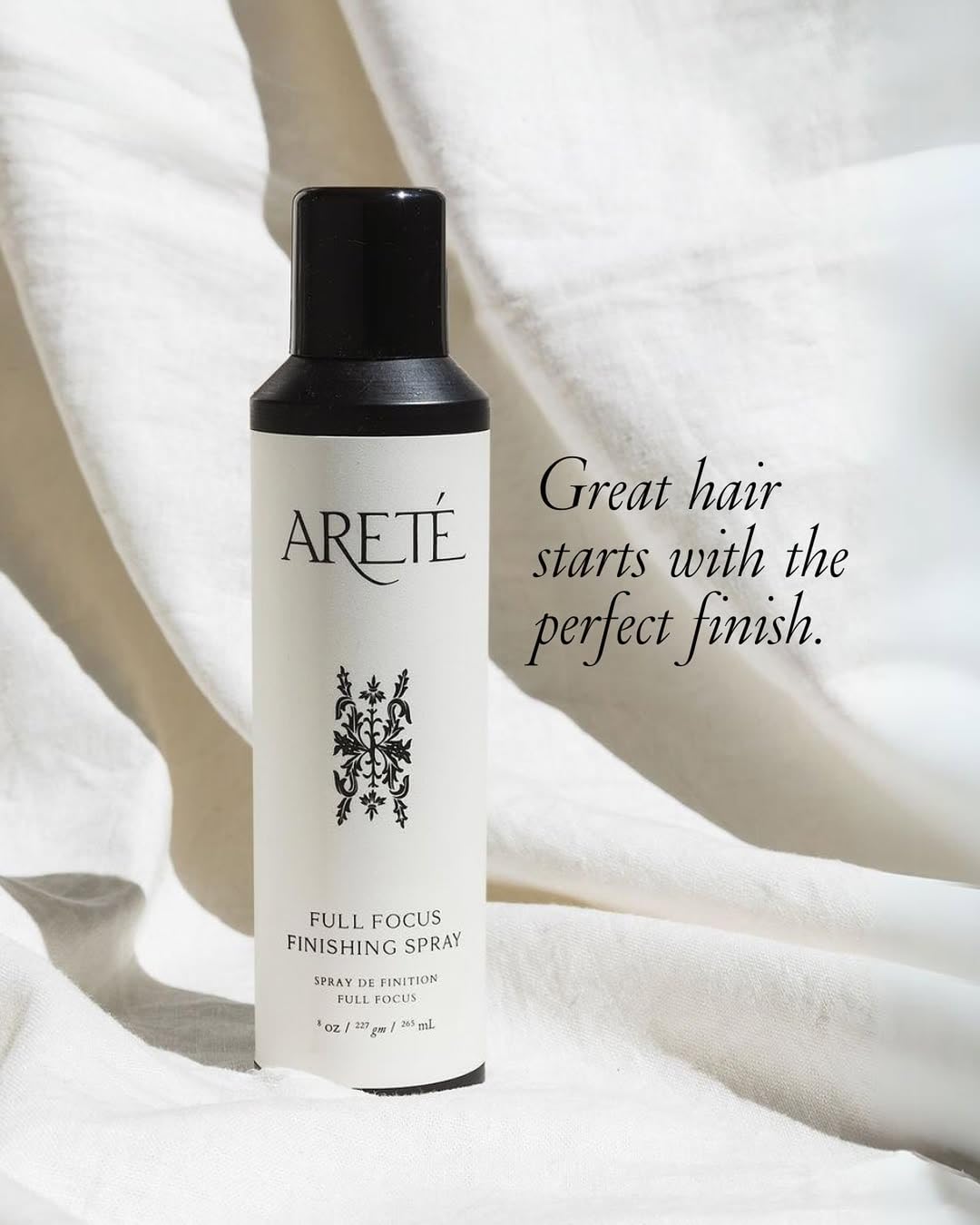 ARETÉ Full Focus Finishing Hair Spray, Strong, Buildable Hold, Shiny Finish, Anti Frizz Hairspray for Women Fine Hair with Edelweiss, Wild Carrot