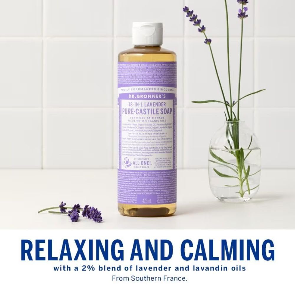 Dr. Bronner's - Pure-Castile Liquid Soap (Lavender, 16 ounce) - Made with Organic Oils, 18-in-1 Uses: Face, Body, Hair, Laundry, Pets & Dishes
