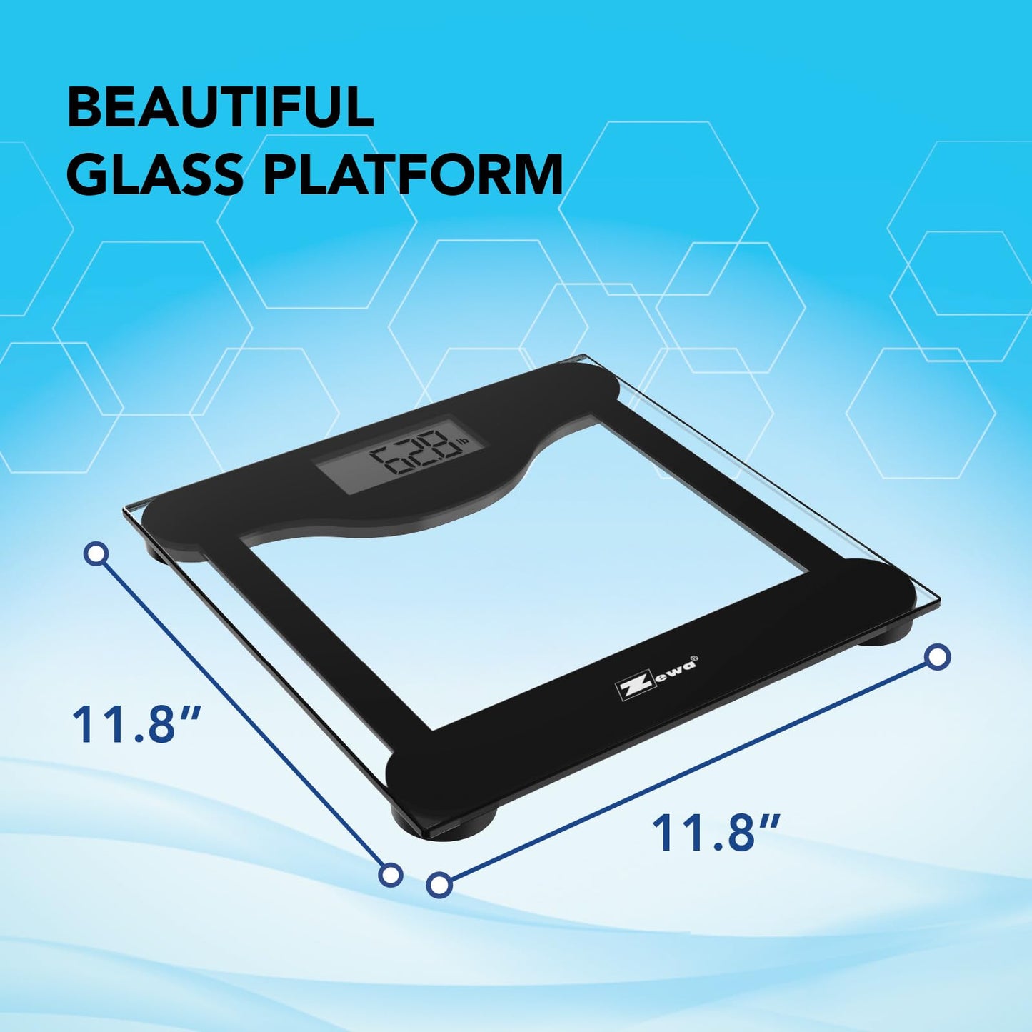 Zewa Digital Bathroom Scale | Elegant Design | Tempered Glass | Measures Up to 330 lbs / 150 Kg | Low Profile | Metric & Standard Units | Easy to Use