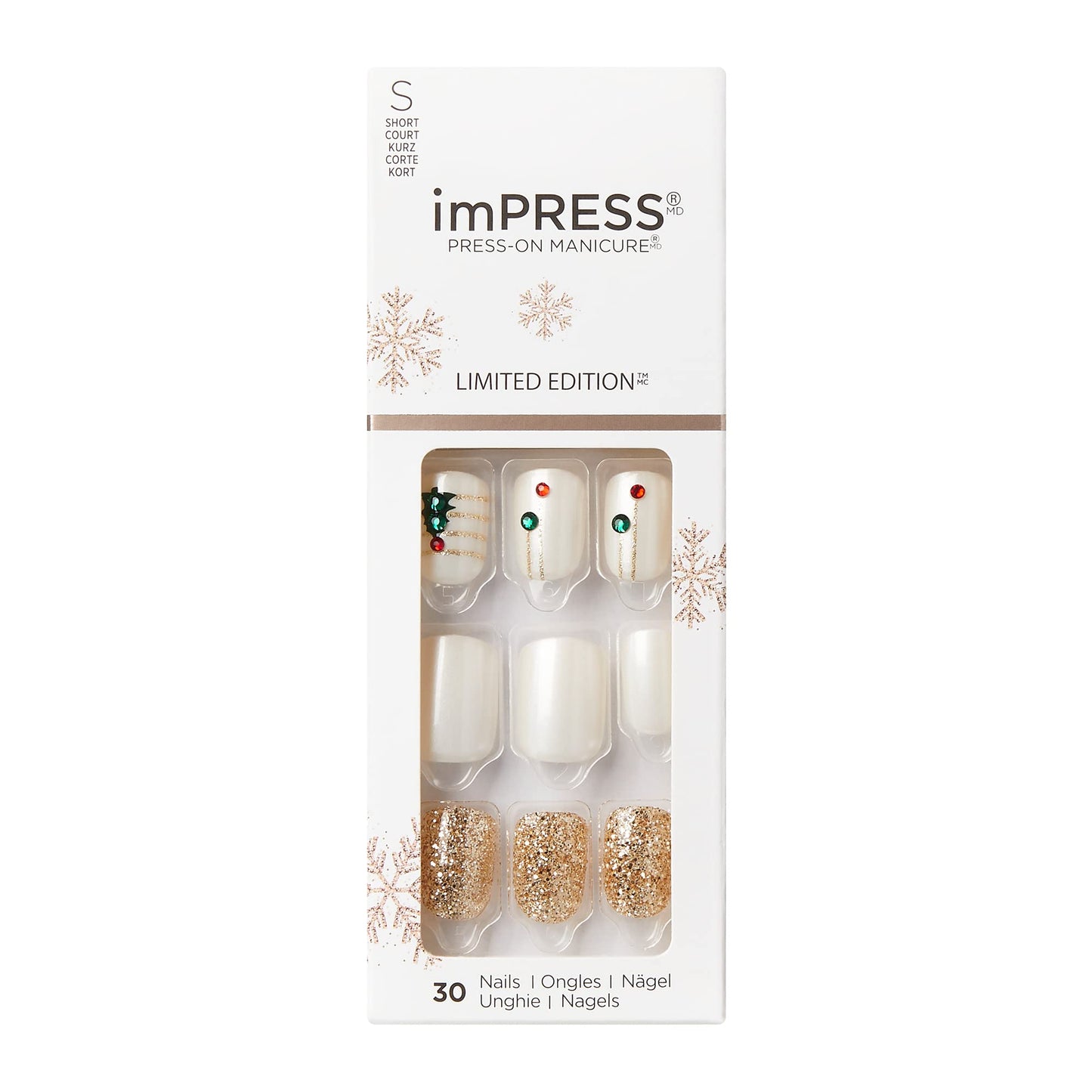 KISS imPRESS Limited Edition Holiday Press-On Nails, Short Size Square Fake Nails, with Prep Pad, Mini Nail File, Cuticle Stick, & 30 False Nails Beauty & Personal Care KISS