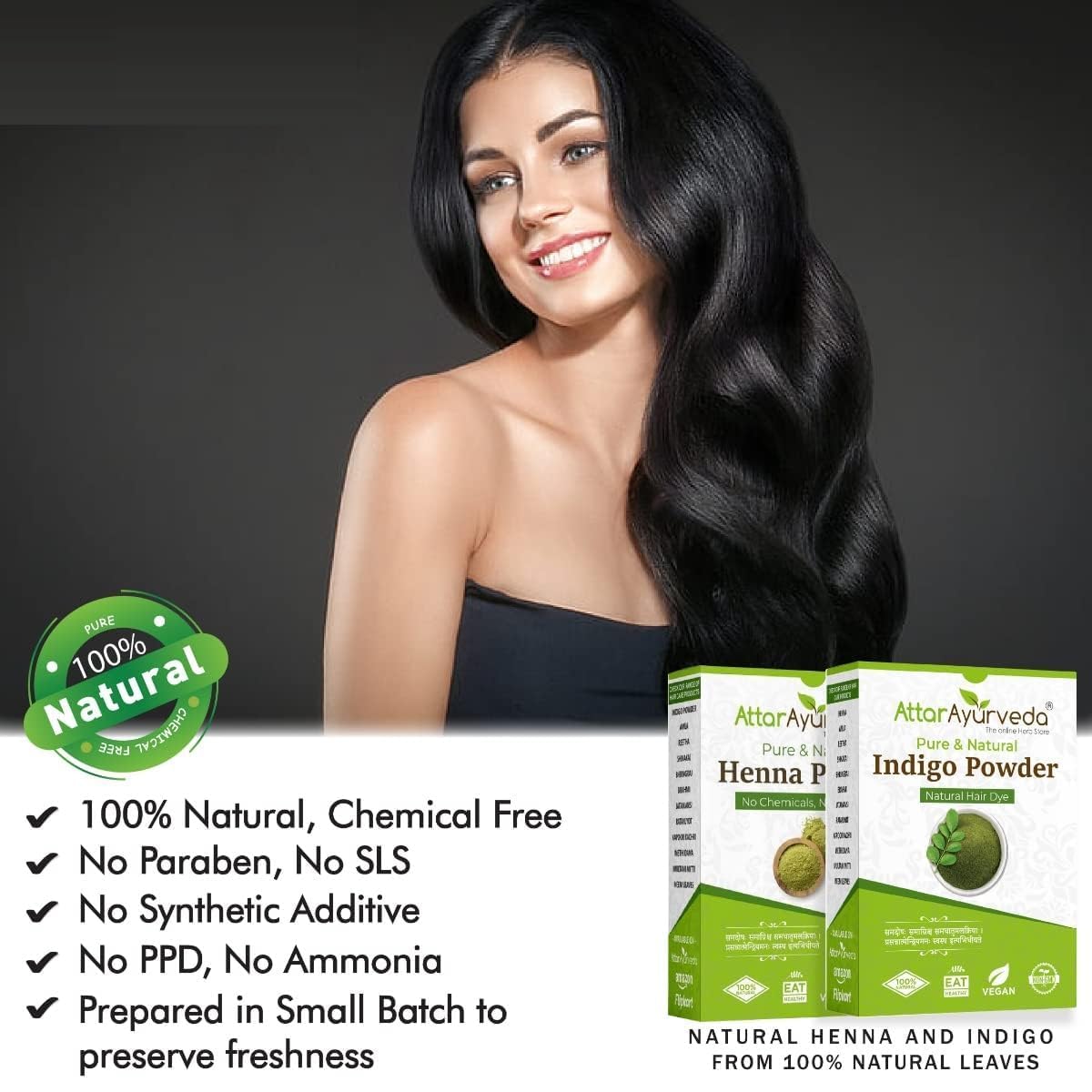 Black Hair - Henna Powder, Indigo Powder Combo Pack - 200g+200g = 400g