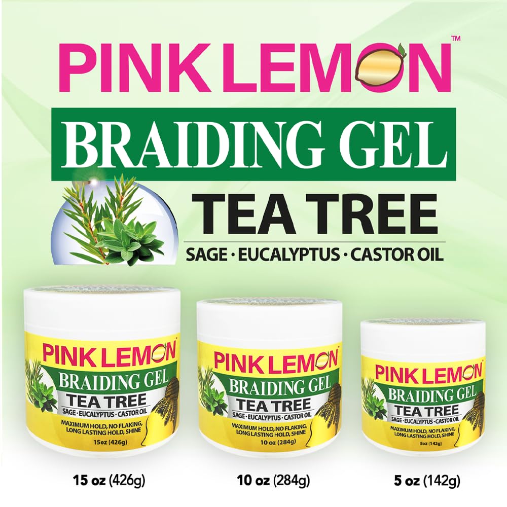 PINK LEMON Braiding Gel - Tea Tree - Maximum Hold, No Flaking, Long Lasting Hold, High Shine. For Micro, Inter, Dread, Faux, Loc, Twist, Braid, Edge
