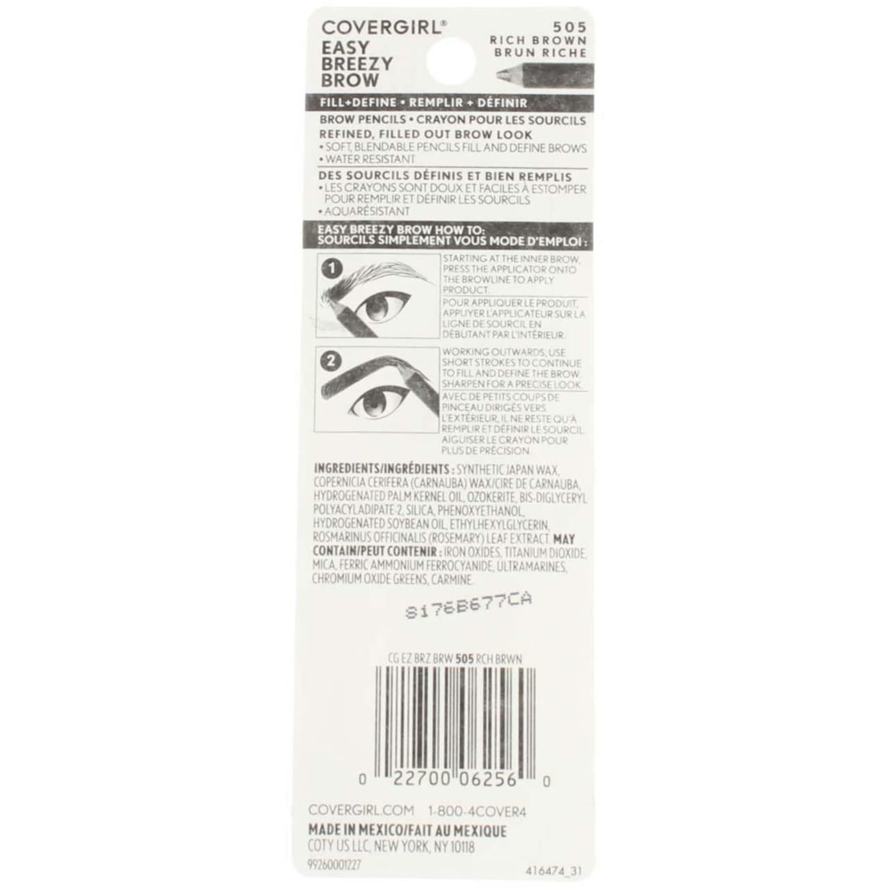 CoverGirl Easy Breezy Brow, Fill+Define Pencils [505] Rich Brown 2 ea ( Pack of 6)