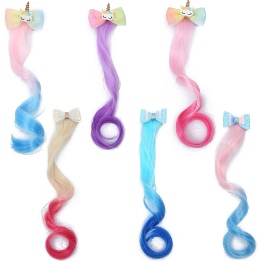 6 Pieces Unicorn Bows Hair Clips Hair Extension for Girls Colorful Bow Hair Clips Wigs Cute Unicorn Hair Braided Extension Barrettes for Kids Girls