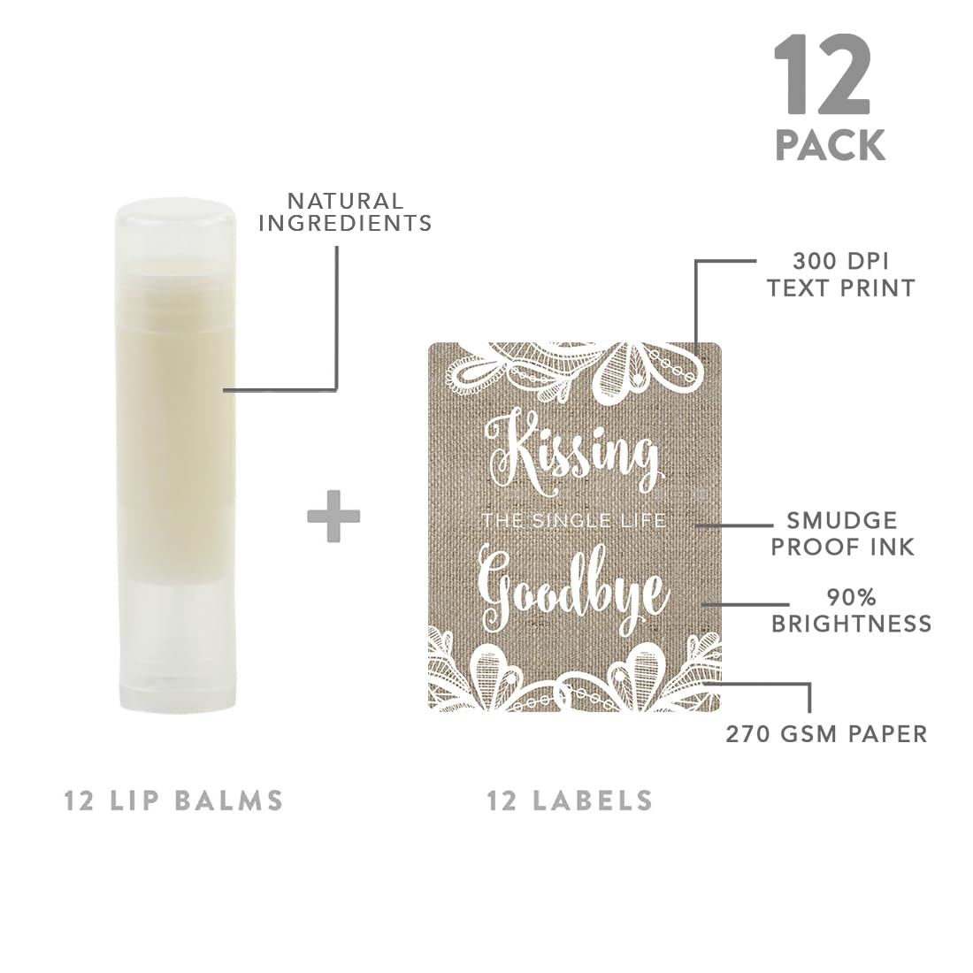 Andaz Press Bridal Shower Bachelorette Party Lip Balm Party Favors, Burlap Lace, Kissing The Single Life Goodbye, Bridesmaid Lip Gloss 12-Pack
