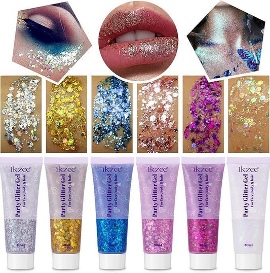 6Pcs Body Glitter for Women - Holiday Glitter Gel for Face &Body & Hair & Nail DIY?Hair Glitter Gel Create A Stunning Visual Feast ?Multiple Purpose