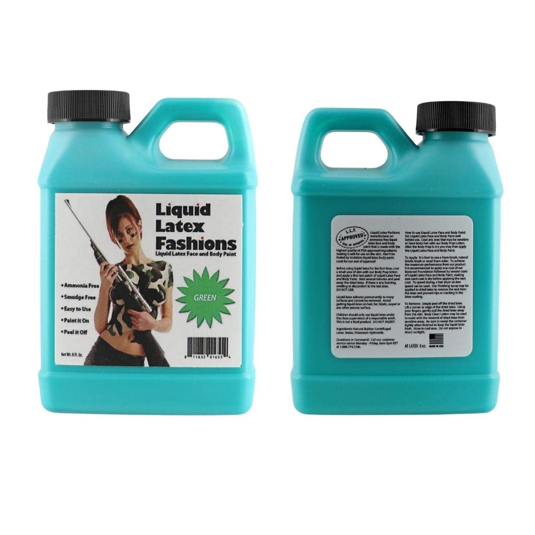 Green 8 Oz - Liquid Latex Body Paint, Ammonia Free No Odor, Easy On and Off, Cosplay Makeup, Creates Professional Monster, Zombie Arts