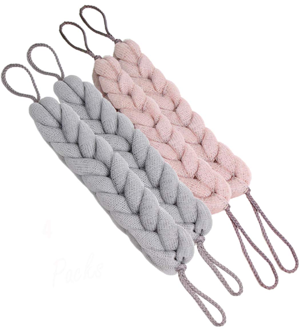 AARainbow 4 Packs Long Stretch Back Sponge with Rope Handles Back Scrubber Bath Shower Mesh Sponge Exfoliating Body Scrub Stretch Braided Loofah