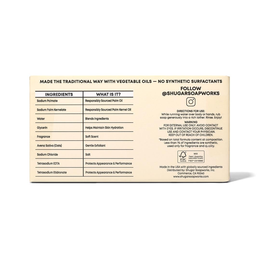 Shugar Soapworks Oatmeal & Lemon Verbena 5 oz Beauty Bar Soap | Plant-Based Vegan Formula | Sulfate & Paraben Free | Gentle Exfoliating Cleanser