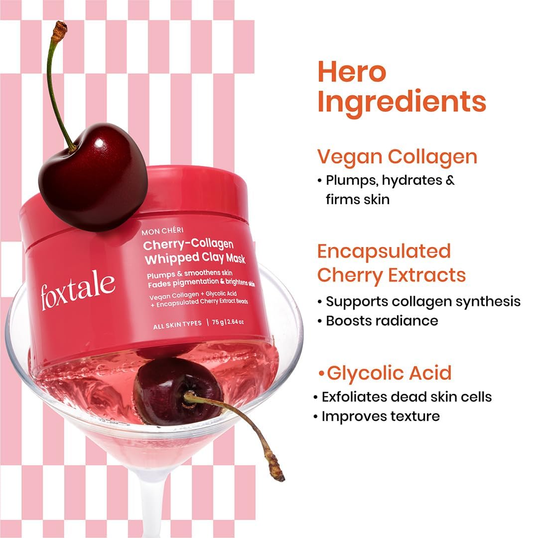 FoxTale Cherry-Collagen Whipped Clay Mask | Vegan Collagen + Glycolic Acid + PHA + Cherry Beads | Hydrates, Plumps & Firms Skin | Detoxifies Pores