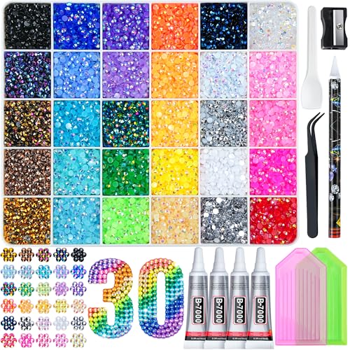 LOTWOW 40000 Pcs Resin Jelly Rhinestones Kit, 30 Colors 3mm Flatback Rhinestones with 4 Pcs B7000 Jewelry Glue & Tools, All-in-One Bedazzling Kit Beauty and Personal Care LOTWOW Default Title