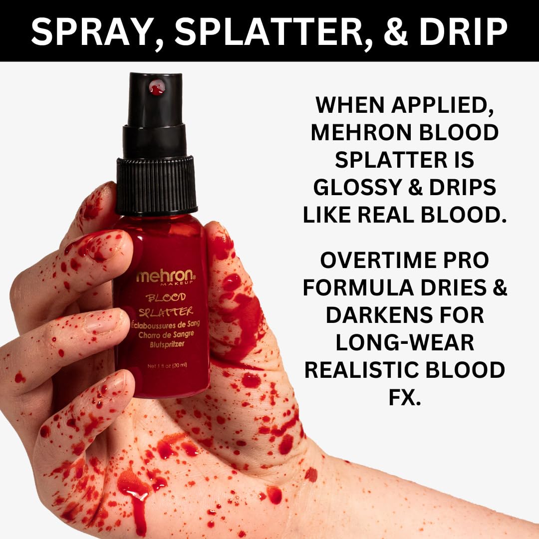 Mehron Makeup Blood Splatter | Professional Fake Spray Blood | Performance, Halloween, Face Paint, Costumes, & Special FX 1 fl oz (30 ml) | Made in