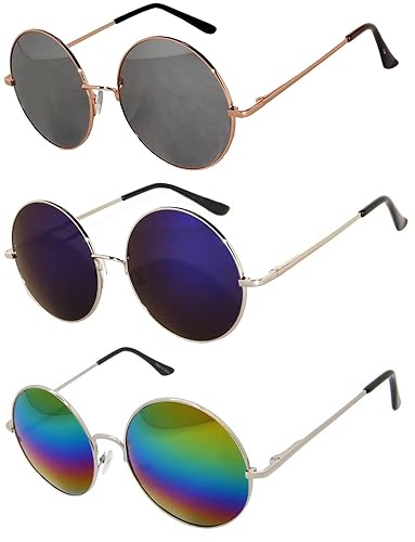 OWL Oversized Round Hippie Sunglasses, Metal Frame, UV 400, Circle Costume Glasses 3 Pairs Variety Pack