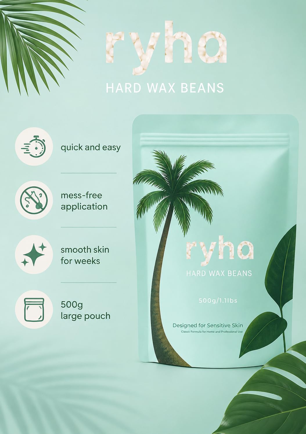 ryha Hard Wax Beads, 1.1lb, Coconut, For Sensitive Skin, Ideal for Body, Arms, legs, Face and Bikini, Refill Wax Beads for for Wax Warmer, At Home Wax Beauty and Personal Care ryha