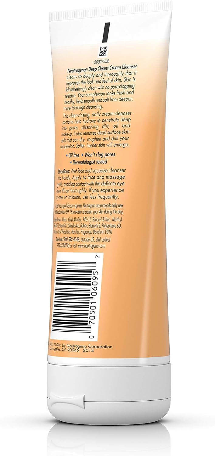 Neutrogena Deep Clean Daily Facial Cream Cleanser with Beta Hydroxy Acid to Remove Dirt, Oil & Makeup, Alcohol-Free, Oil-Free & Non-Comedogenic, 7 fl.