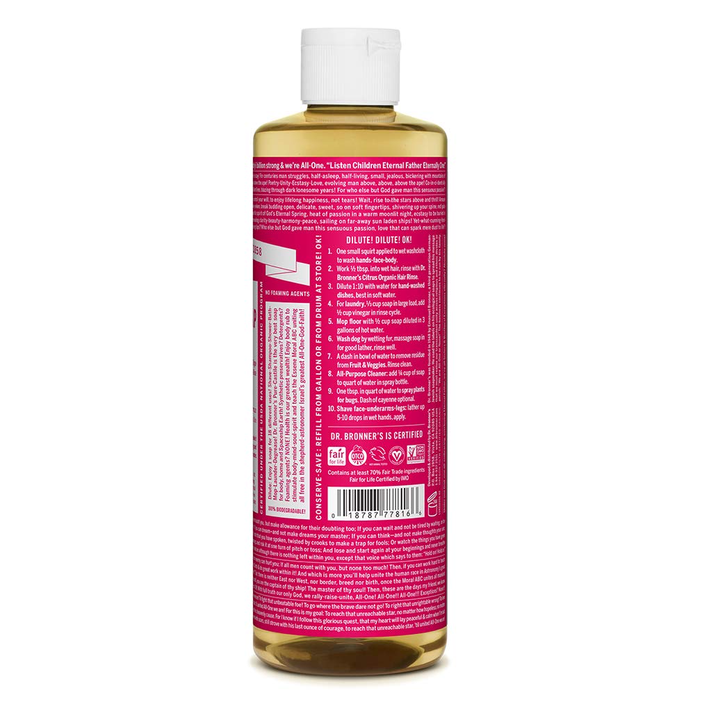 Dr. Bronner's - Pure-Castile Liquid Soap (Rose, 16 ounce) - Made with Organic Oils, 18-in-1 Uses: Face, Body, Hair, Laundry, Pets and Dishes