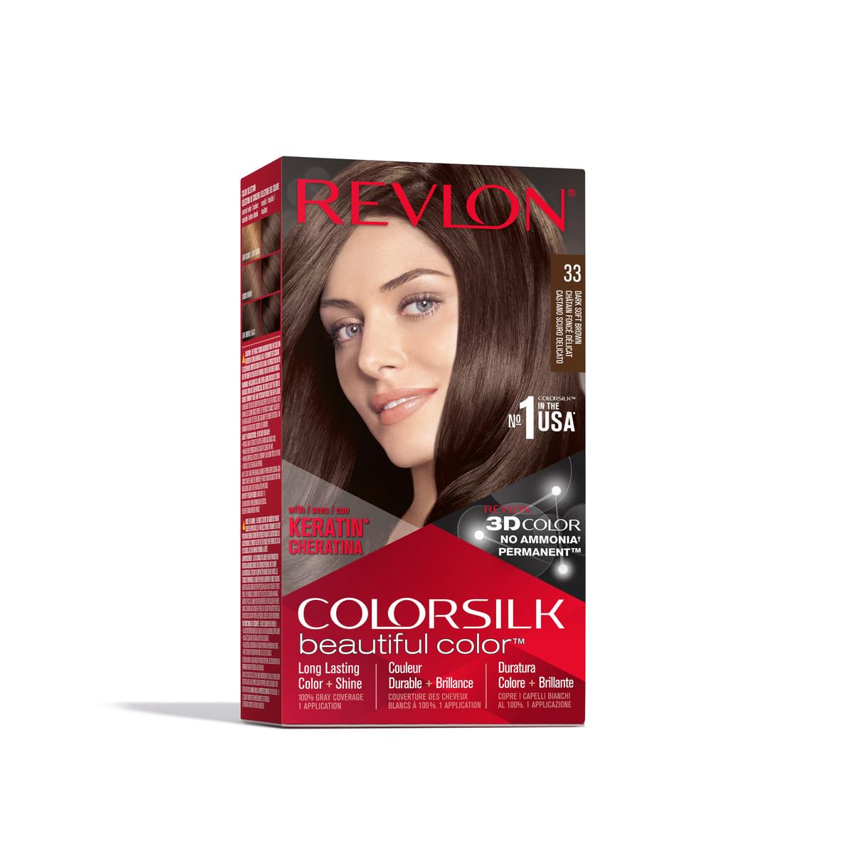Permanent Hair Color by Revlon, Permanent Hair Dye, Colorsilk with 100% Gray Coverage, Ammonia-Free, Keratin and Amino Acids, 33 Dark Soft Brown, 4.4