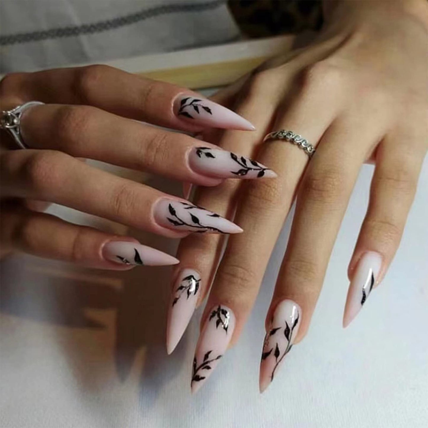 SINHOT Stiletto Press on Nails Extra Long Fake Nails with Glue Glossy False Nails with Black Leaves Designs Full Cover Almond Acrylic Nail 24pcs