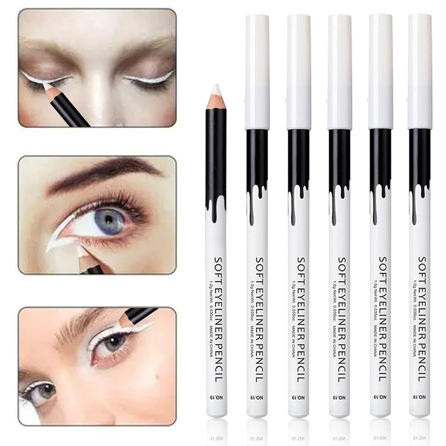 KAIQIKAIXI 6 White Eyeliner Pencils Professional Use as Highlighter, Soft, Waterproof, Long-Lasting Eyeshadow, Eye Brightener,Eye Shadow Pencil, Lip