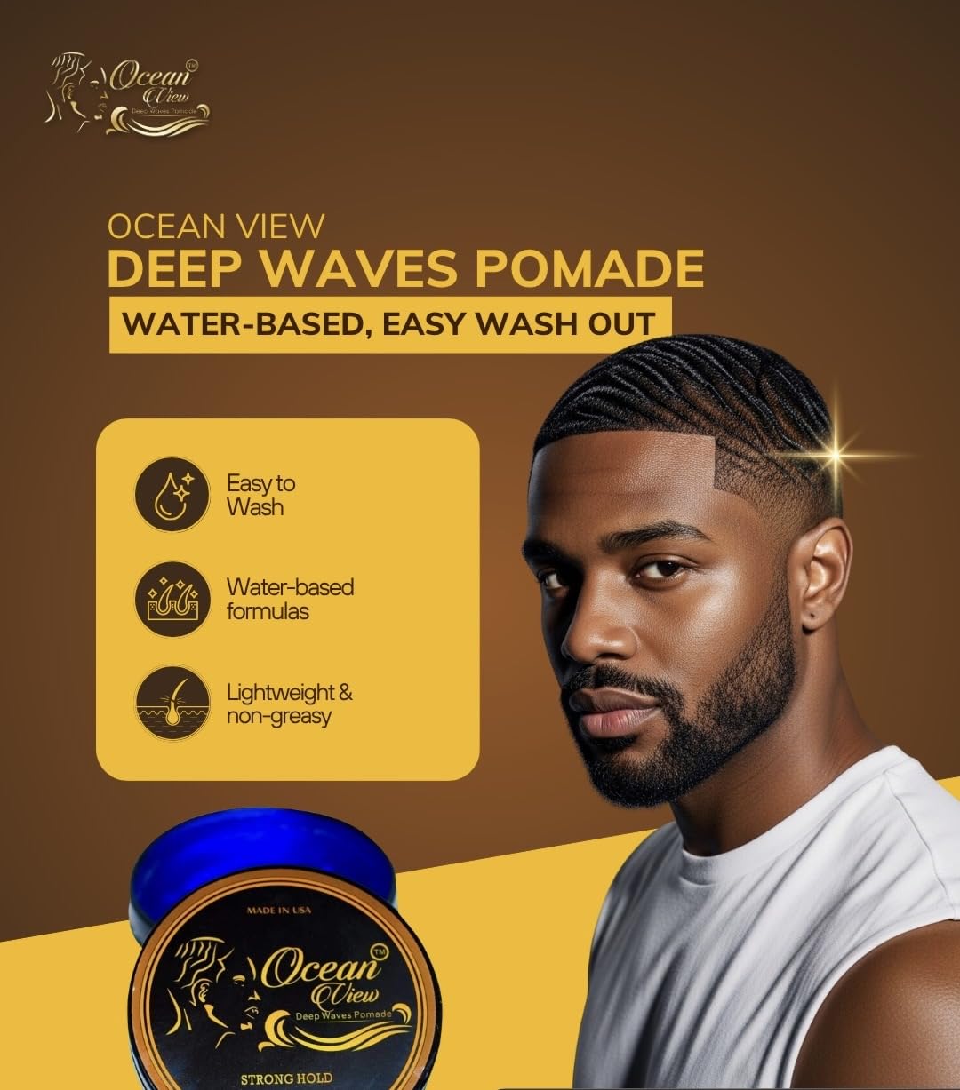 OCEAN VIEW DEEP WAVES POMADE- Water-Based Hair Cream for 360 Wave Training and Wolfing- Silky Smooth Application and Styling, Strong Hold, Easy Wash