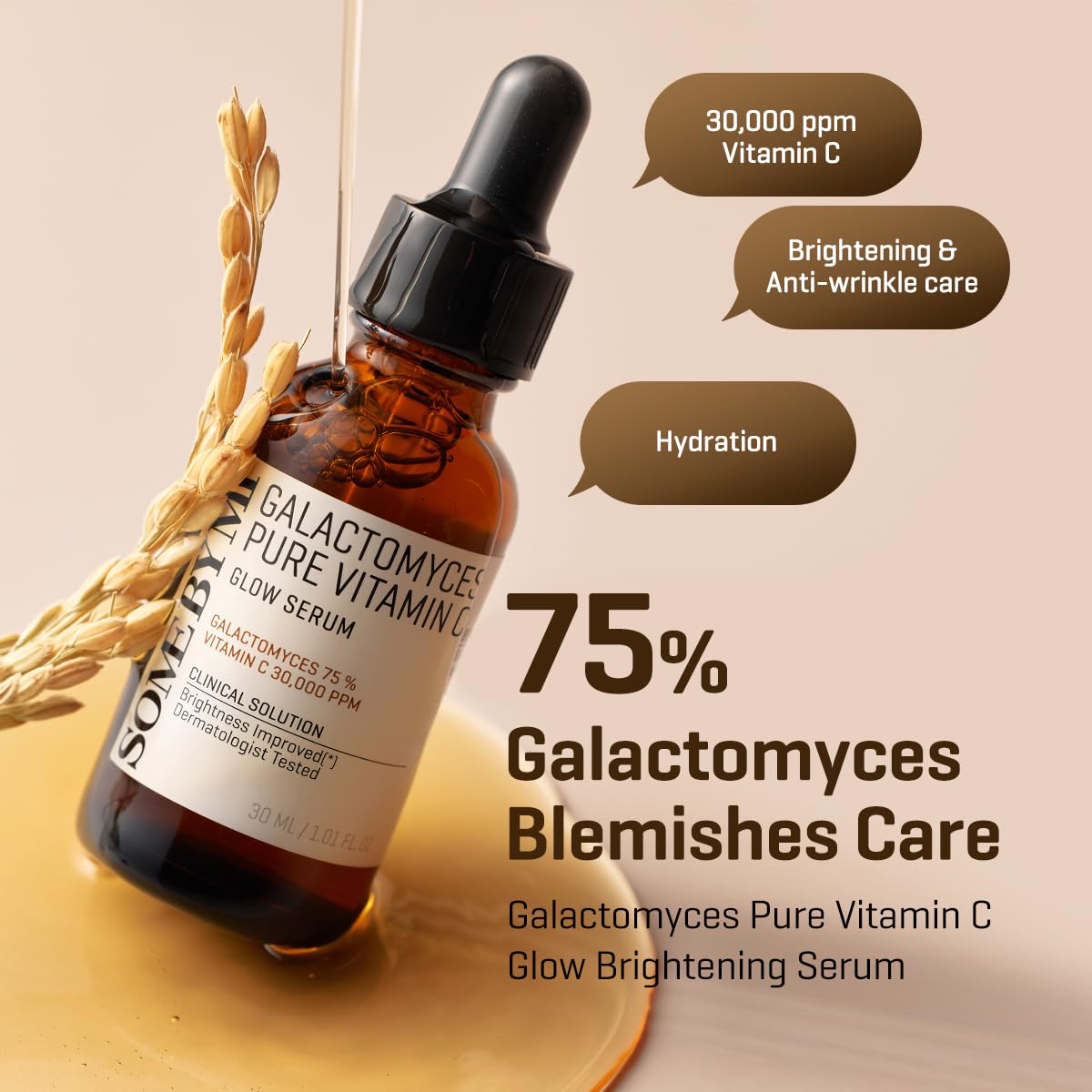 SOME BY MI Galactomyces Pure Vitamin C Glow Serum - 1.01Oz, 30ml - Korean Vitamin C Face Serum for Glow Glass Skin - Dark Spot Correcting Ampule