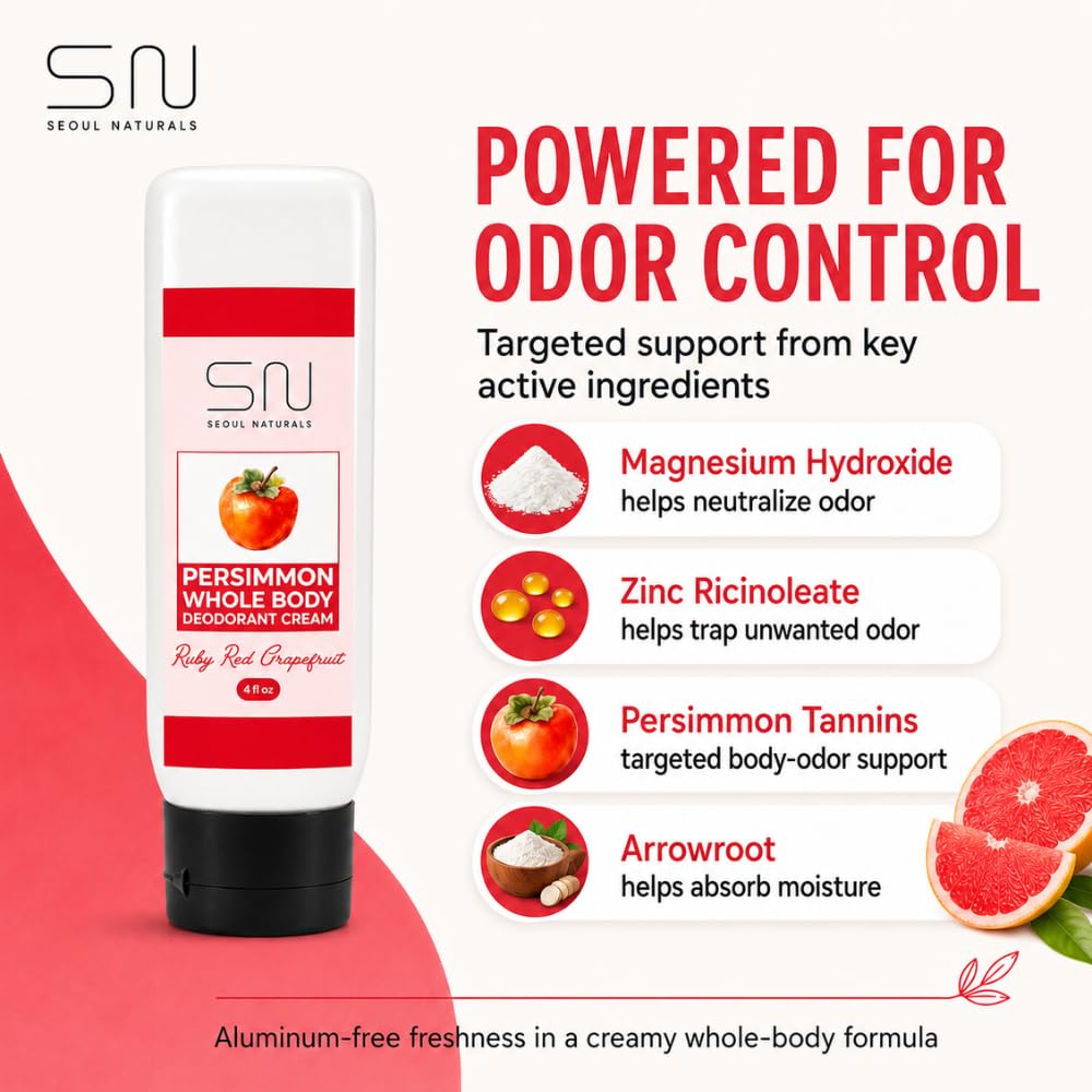 Seoul Naturals Persimmon Whole Body Deodorant Cream, Ruby Red Grapefruit Scented, Eliminates Nonenal Odors, k beauty inspired, 4fl oz Beauty and Personal Care Seoul Naturals