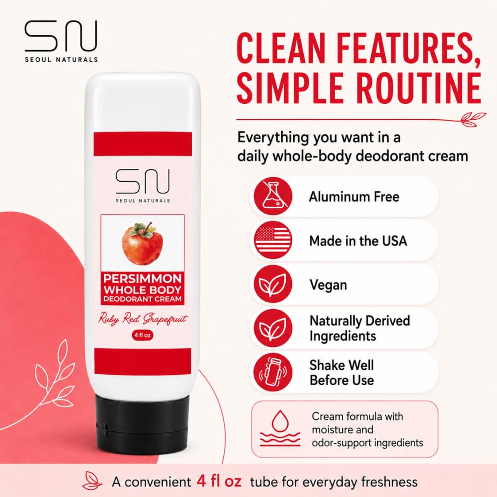 Seoul Naturals Persimmon Whole Body Deodorant Cream 2 Pack, Red Ruby Grapefruit Scented, Eliminates Nonenal Odors, k beauty inspired, 8fl oz, 2 x 4fl Beauty and Personal Care Seoul Naturals