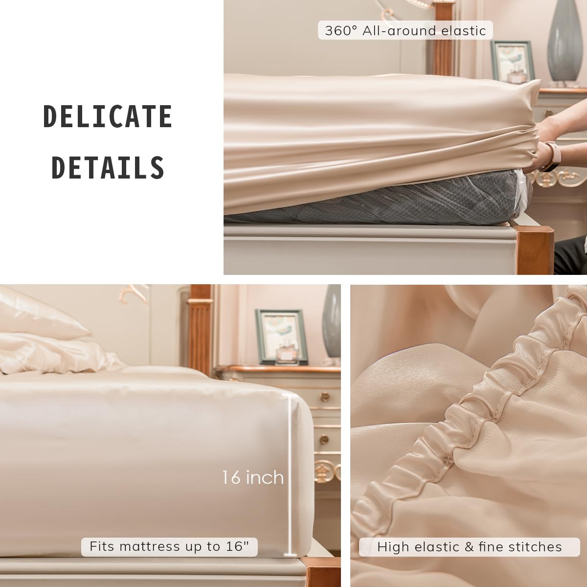 PROMEED 100% Mulberry Silk Queen Size Fitted Sheet ONLY, Premium 23 Momme Real Silk Bottom Bed Sheet 1pc with 16-Inch Deep Pocket (Champagne, Queen)