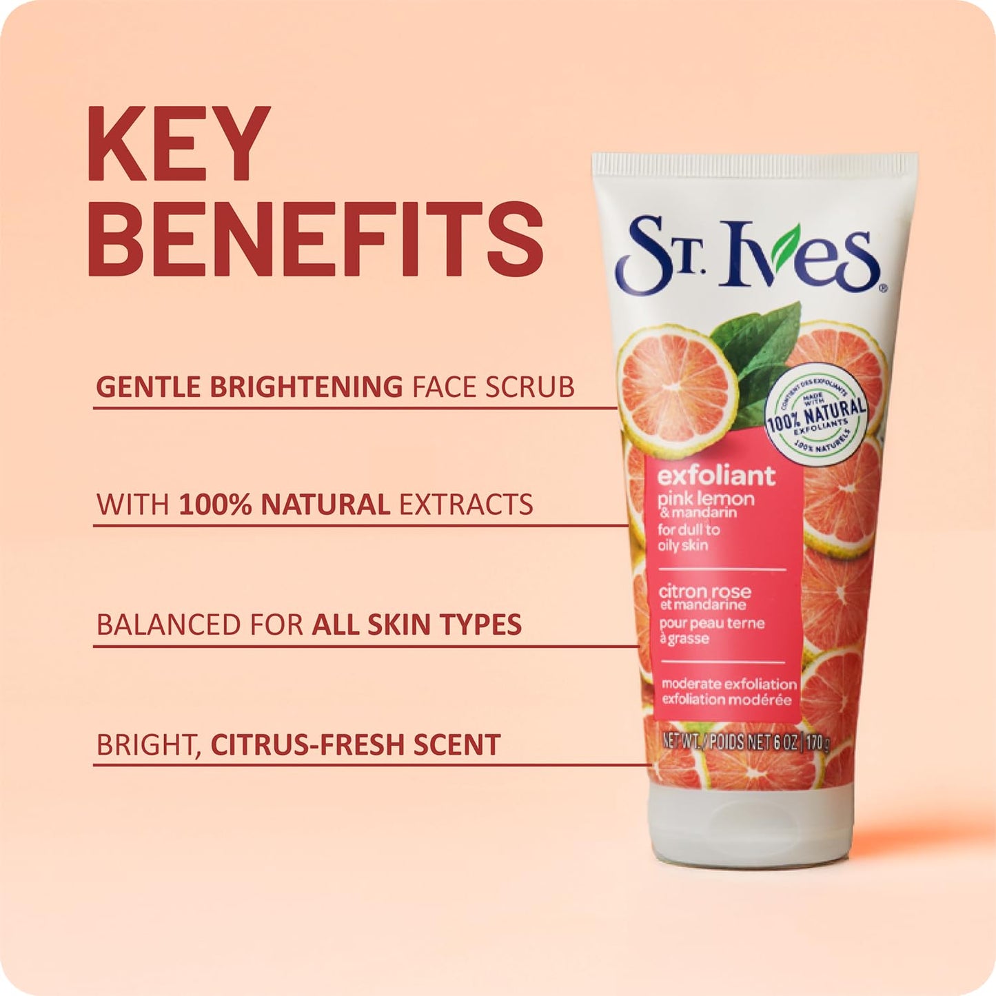 St. Ives Exfoliant Face Scrub 3-Pack - Skin-Brightening Pink Lemon & Mandarin for Glowing Skin, 6 Oz Ea
