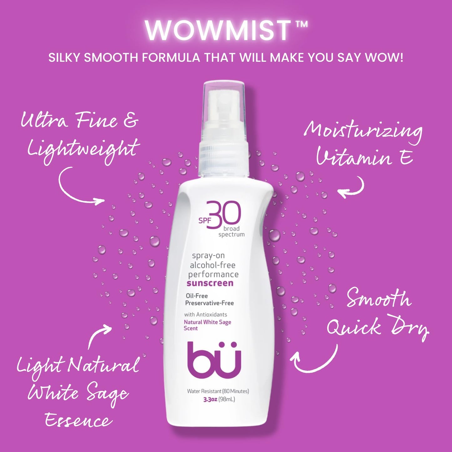 BU SPF 30 Sunscreen Spray for Face and Body, Non Aerosol Spray, Ultrafine WOWmist, TSA Travel Size Sunscreen, Clear, Non Greasy, Water Resistant
