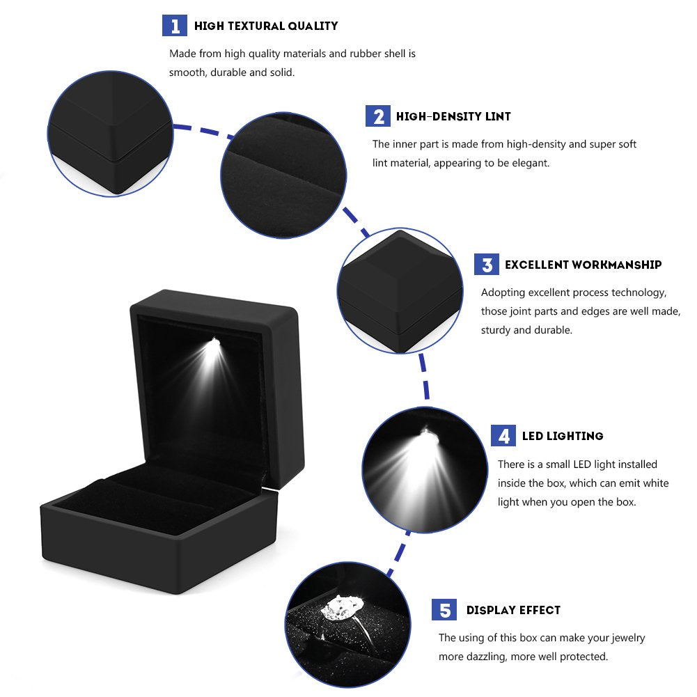 Yosoo LED Lighted Ring Box Earring Ring Gift Case Wedding Ring Jewelry Display Packaging Organizer Storage Holder for Engagement Wedding Gift (Black)